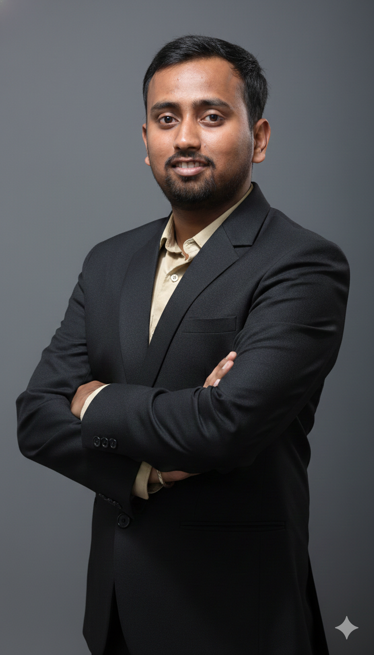 Person in formal attire, arms crossed.